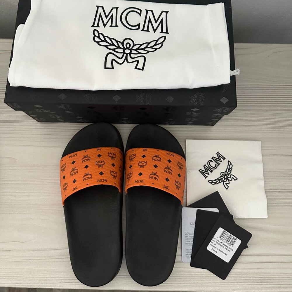 MCM Visetos Slide Sandals, Persimmon Orange and Black, Women's Size 36